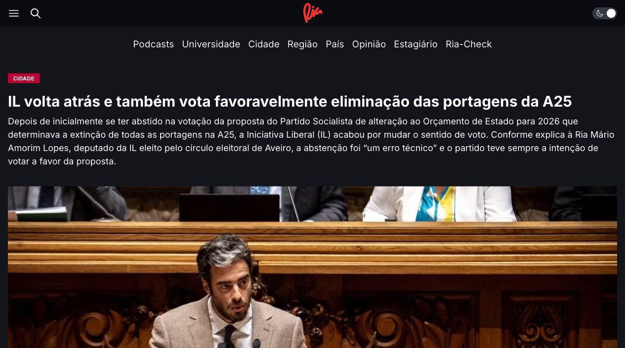 IL volta atrás e também vota favoravelmente eliminação das portagens da A25