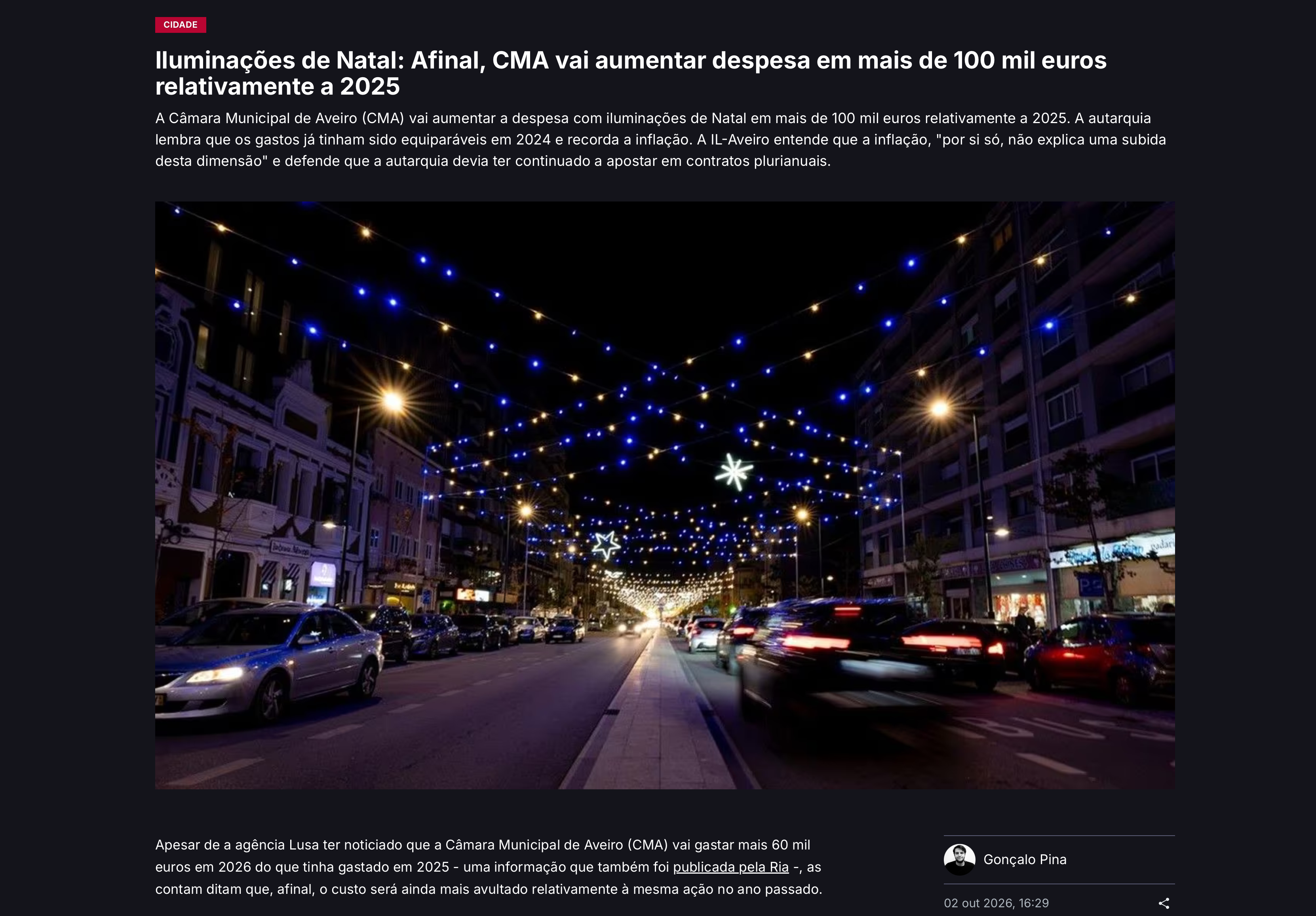 Iluminações de Natal: Afinal, CMA vai aumentar despesa em mais de 100 mil euros relativamente a 2025